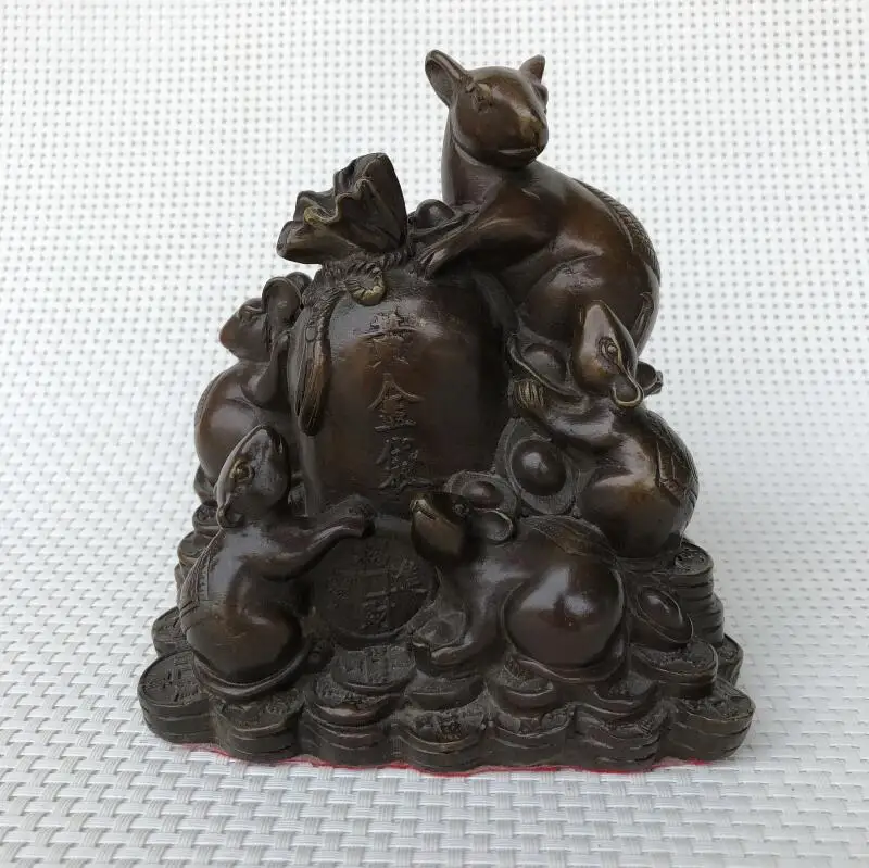 

Antique Collection Bronze Feng Shui Zodiac Cute Animal Mouse Fortune Money Bag Statue