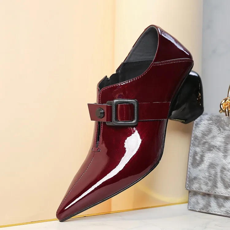 

GPOKHDS 2019 women Pumps Patent leather autumn spring Rome style buckle strap black color pointed toe high heels shoes 34-42