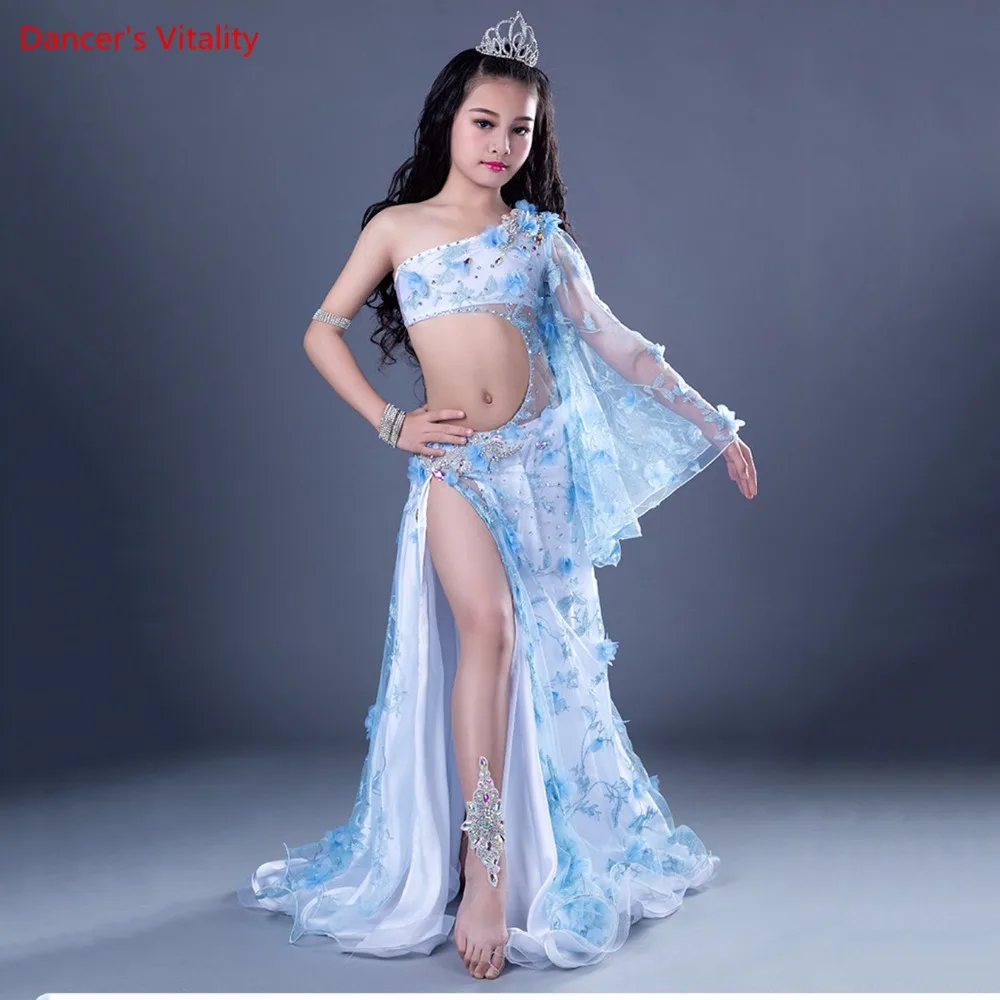 

White lace Luxury Belly Dance bra + skirt Set 2pcs For Kids / Children / Girls Sexy Handmade Belly Dancing Long Skirt