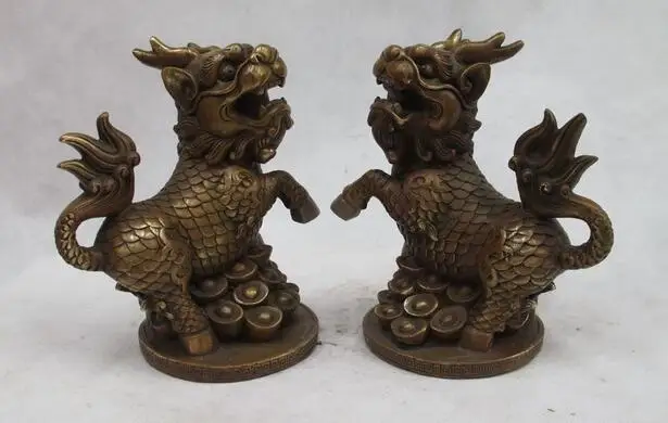 

Chinese Feng shui Bronze Copper Yuanbao Dragon Kylin Kirin Unicorn beast Pair