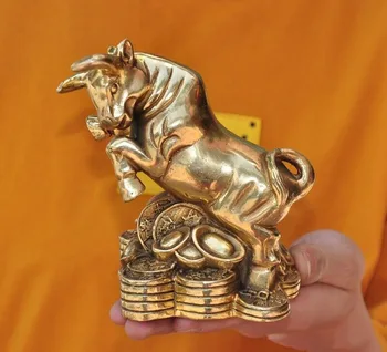 

China Feng Shui brass wealth coin Zodiac animal Wall Street Ox Bull oxen statue