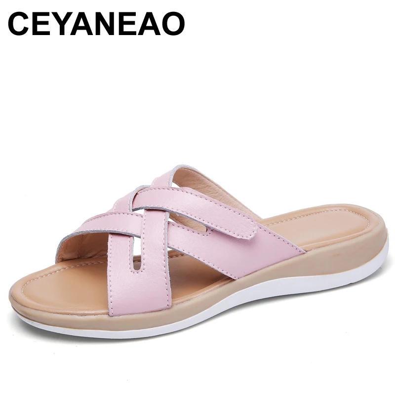 

CEYANEAO Summer Casual Women Flat Sandals Indoor and Outdoor Woman Ladies Genuine Beach Shoes Bohemia Flip Flops Leather Shoes