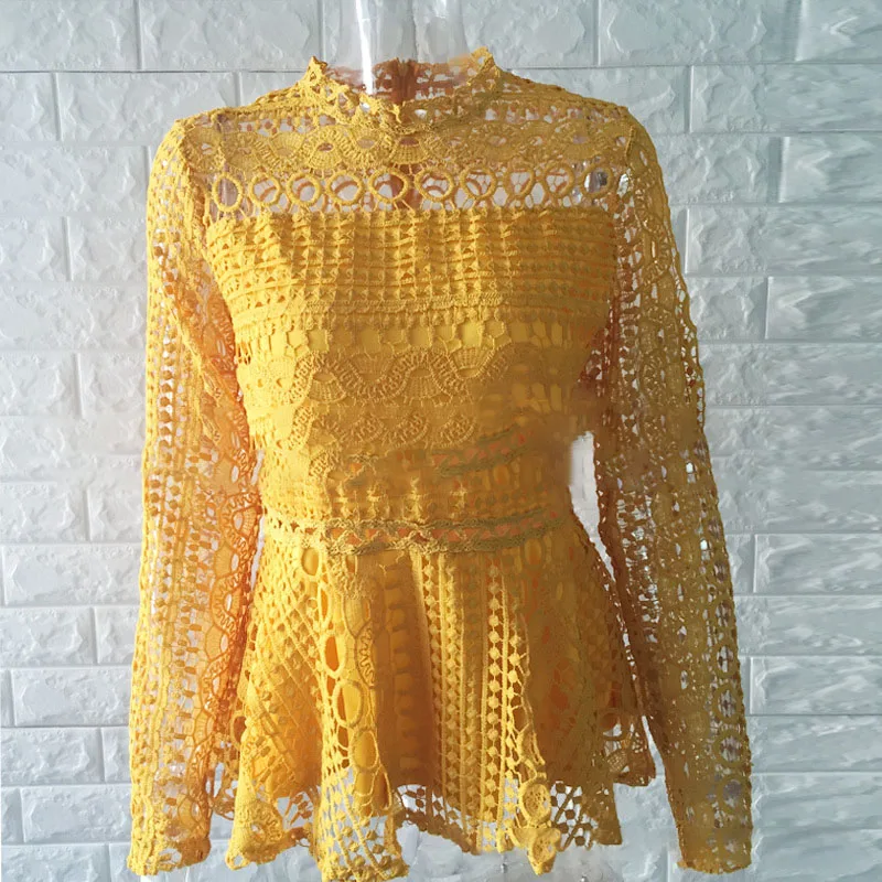 2019 الصيف أزياء البرية قميص الحلو هوك زهرة الجوف طويل الأكمام الدانتيل قميص عارضة ركاب أعلى holloware خارج قمم