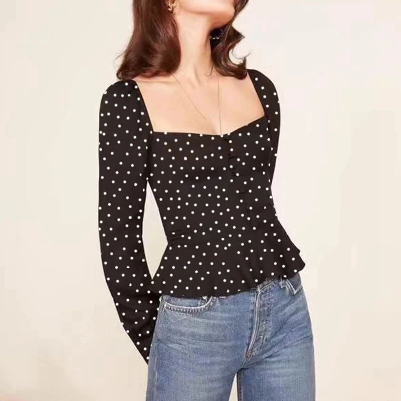 

v neck floral prints blouse vintage elastic dot black blouse summer women 2018 long sleeve chic buttons shirt French style