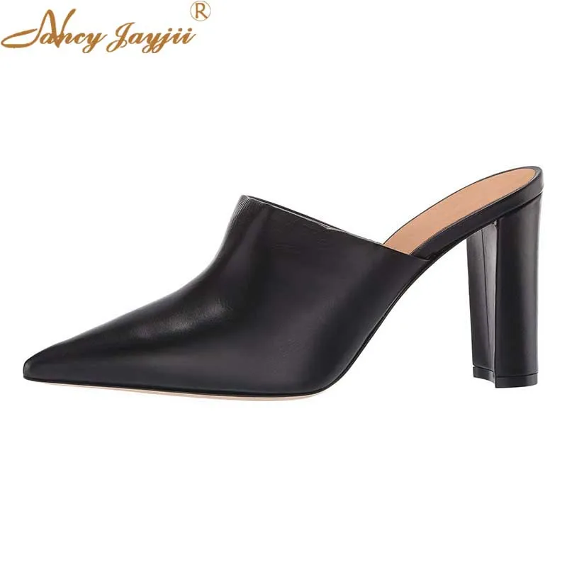 

Nancyjayjii Black Leather Pointed Toe Square High Heels Slippers Formal Slides 10cm Heeled Office Slip On Summer Women Shoes