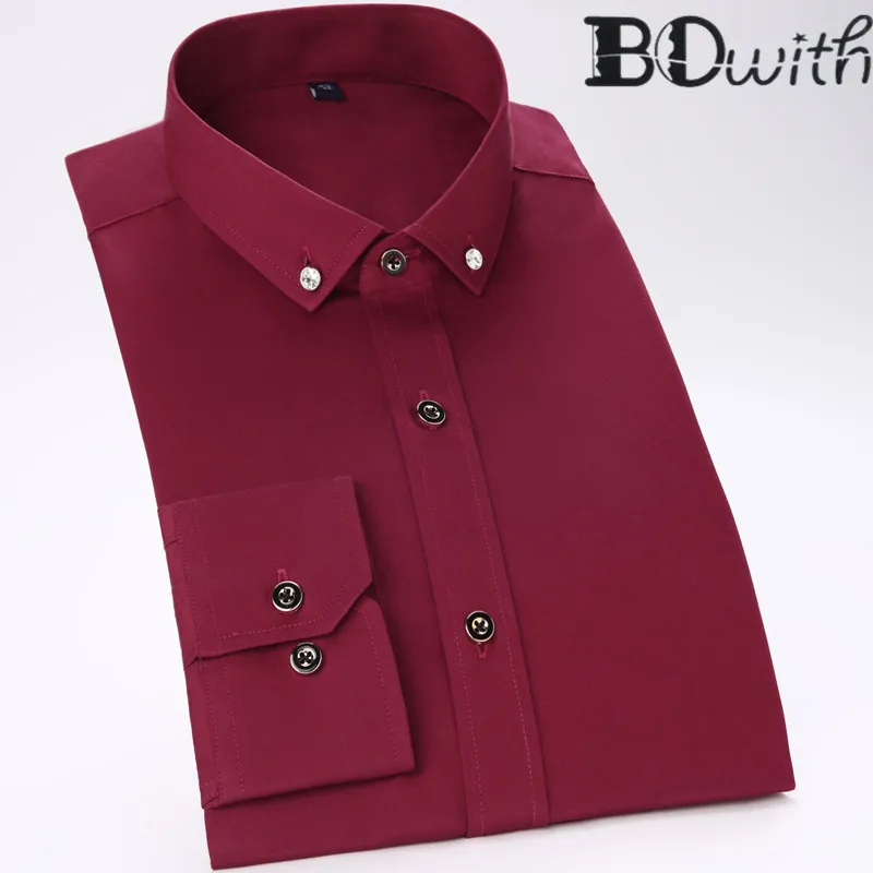 Цвет красного вина Для мужчин футболка из 100% хлопка футболки с длинными рукавами Slim Fit мужской социальной платье в деловом стиле рабочая