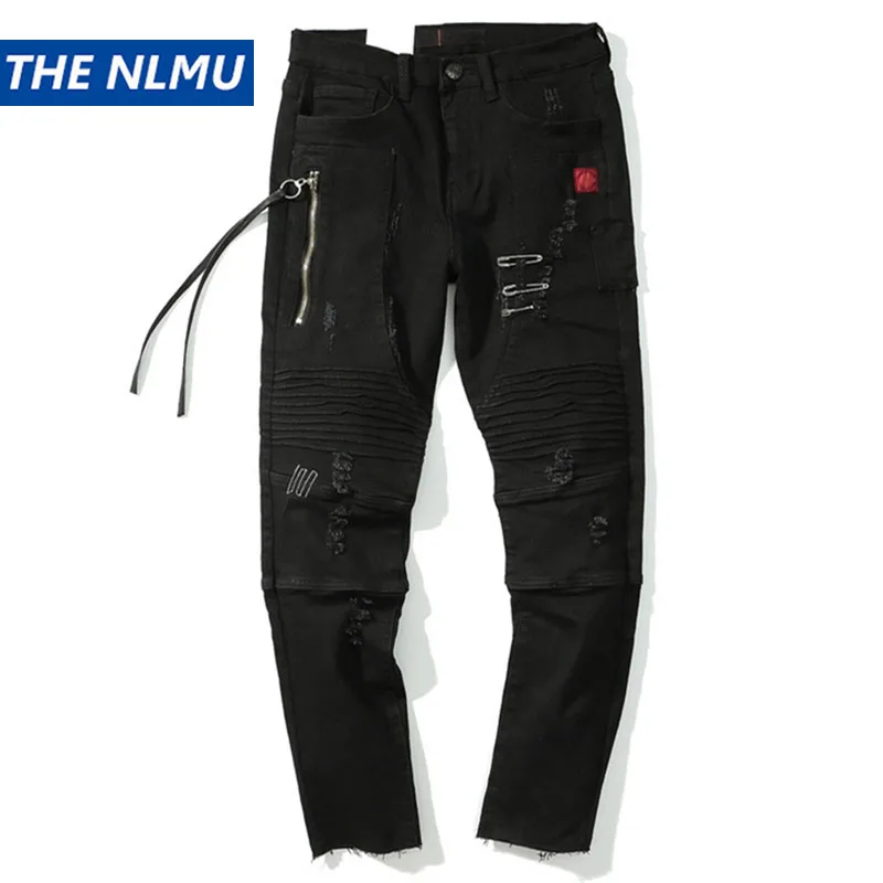 2018 модные Для мужчин; байкерские джинсы плиссированные Ripped Slim Fit личности брюки хип-хоп Высокое качество джинсовые джоггеры черные брюки Q0209