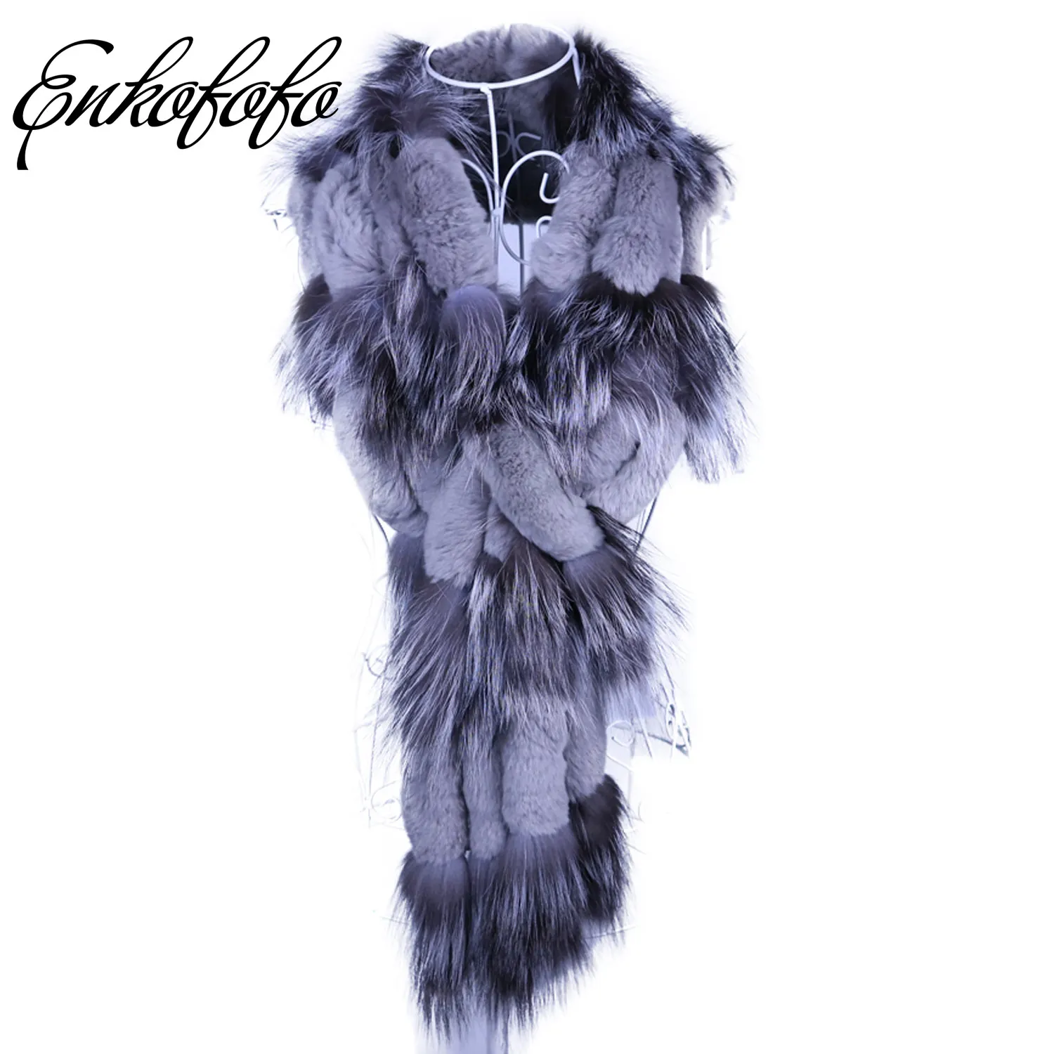 

Winter Women Long Genuine Knitted Fox Fur Scarf Real Rex Rabbit Fur Collar Warm Neck Stole Tassel Natural Silver Fox Fur Scarves