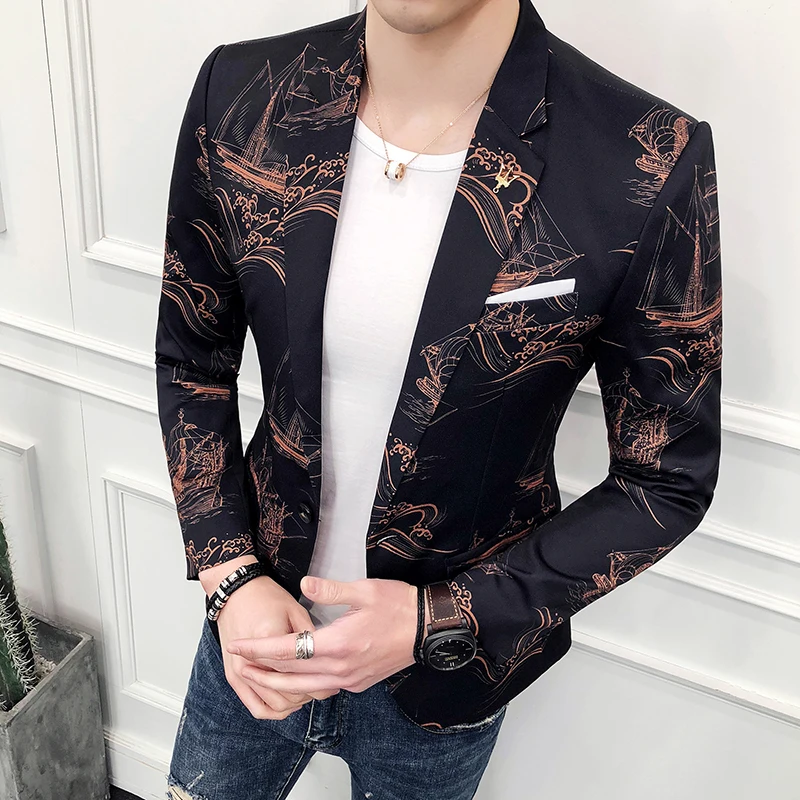 

Sailboat Floral Print Blazers Club Party Prom Blazers For Mens Stylish Suit Jacket Mens Slm Fit Blazer Masculino Suit Coat Men