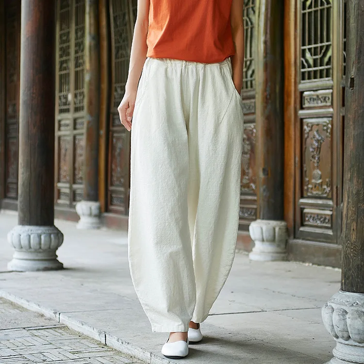 LZJN 2019 New Women Solid Color Pockets Loose Pants Vintage Elastic Waist Cotton Linen Wide Leg Full Length Pants (34)