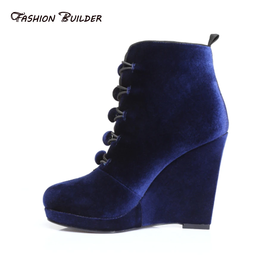 

2016 Winter Autumn Fashion Velvet Round Toe Platform Super High Heels Button Lace Up Ankle Boots Women Elegance Wedges Shoes