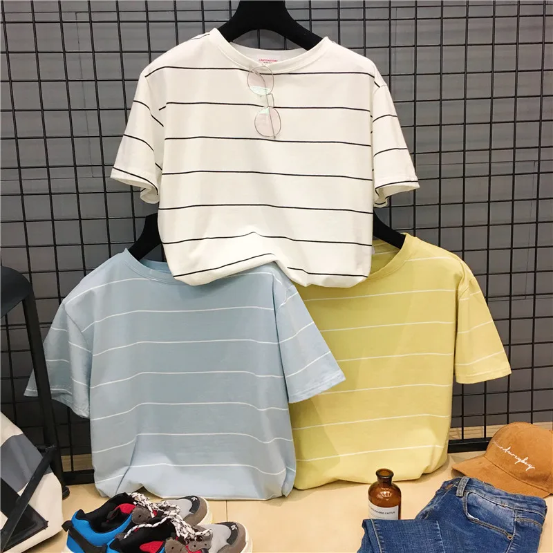 Harajuku женский милый карамельный цвет Повседневная мода большой размер корейский Полосатый Сладкий Свободный с коротким рукавом летняя футболка - Цвет: random color