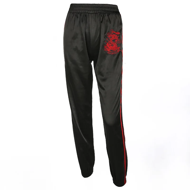 Сатиновые эластичные штаны для женщин, фирменные спортивные штаны с вышивкой тигра, повседневные полосатые узкие брюки, штаны для бега Femme - Цвет: Черный