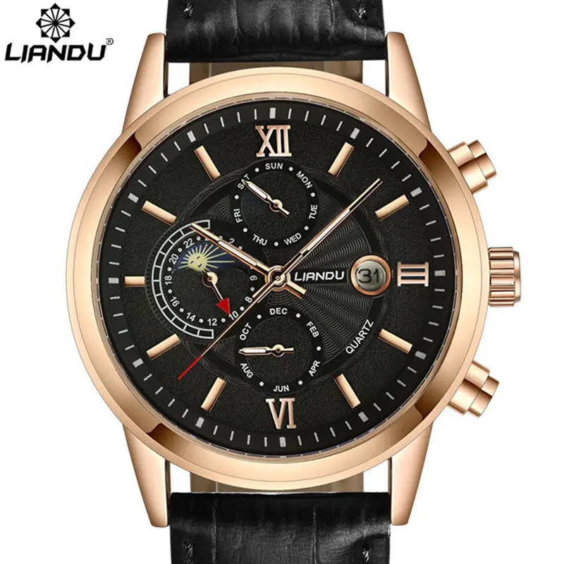 

LIANDU Moon Phase Men's Casual Quartz Watch Multiple Time Zone Men Genuine Leather Strap Sports Wathches Men