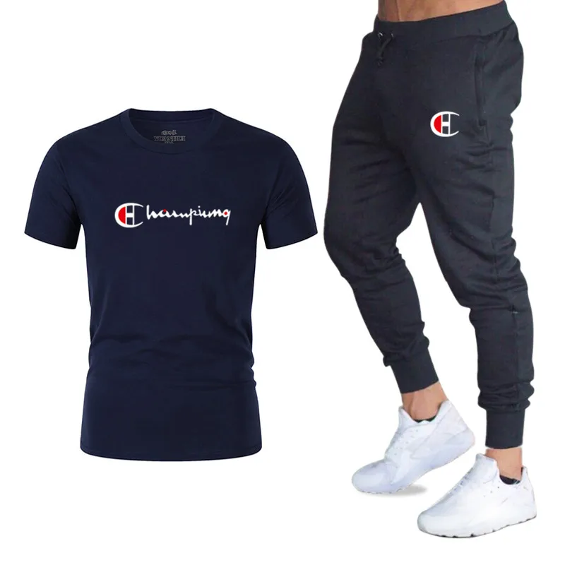 

New Men's Sets T Shirts+pants Two Pieces Sets Casual Tracksuit Male Casual Tshirt Gyms Fitness trousers 2019 men Classic Brand