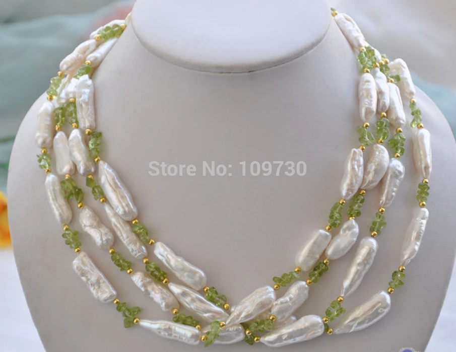 

Jewelr 003384 4row 19" 28mm white biwa freshwater pearl green Lemon stone necklace