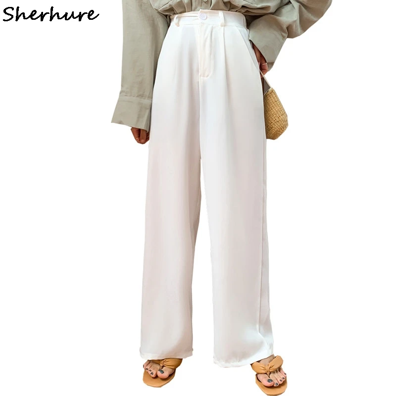 

Sherhure 2019 Women Autumn White Pants Pure Color Women Wide Leg Straight Pants Fashion Women Casual Pants Female Trousers