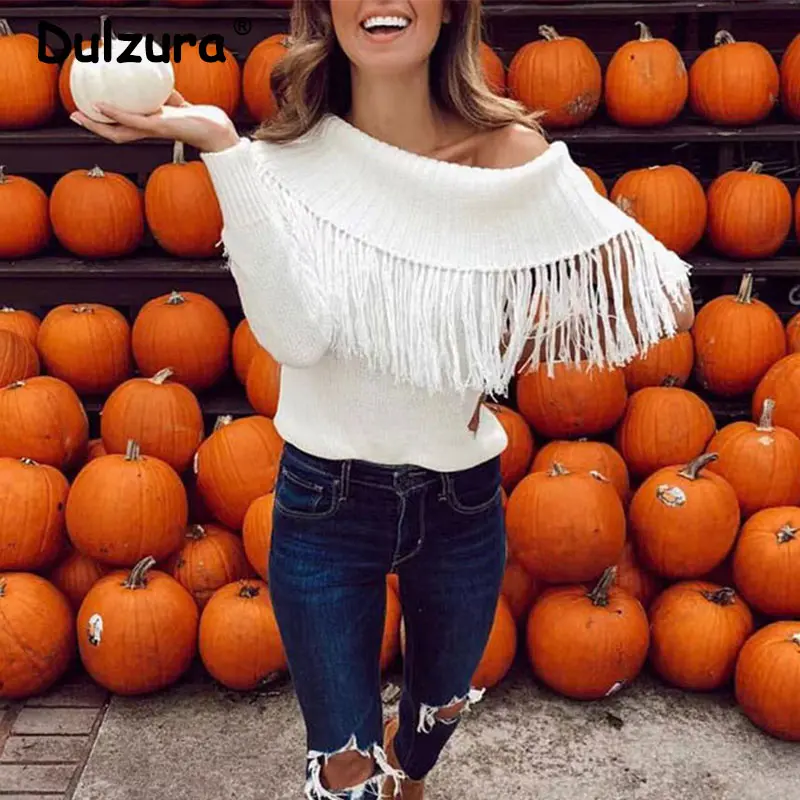 

Autumn Fashion Tassel Knitted Sweaters Women 2019 Sexy Off Shoulder Solid Loose Pullovers Casual Soft Warm Winter Tops Female