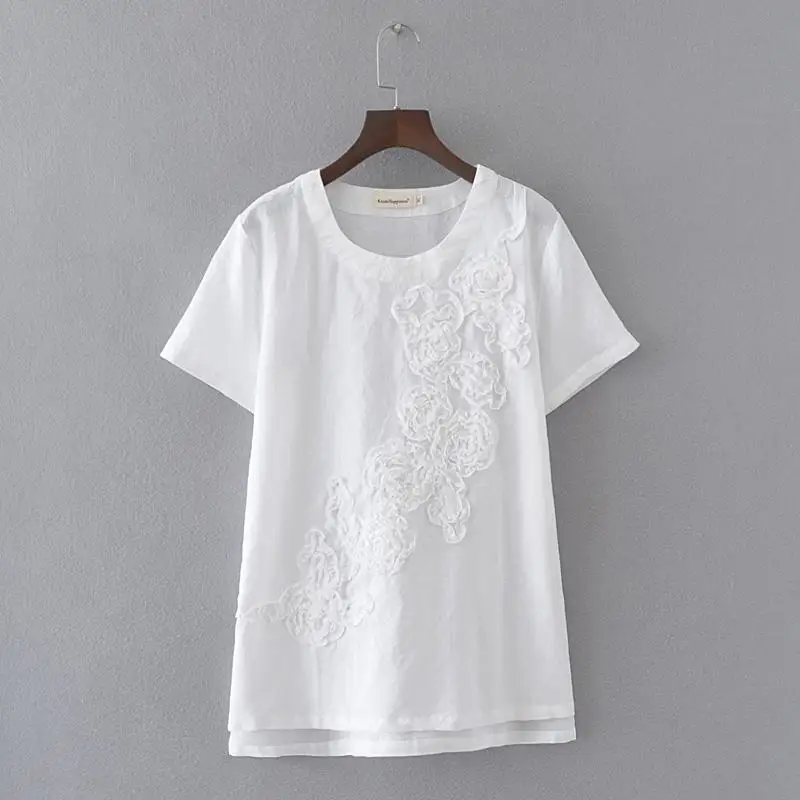 4XL футболки с аппликациями, летняя футболка для женщин, футболка с коротким рукавом, топы из хлопка и льна с круглым вырезом, Camiseta Feminina, большие размеры - Цвет: white