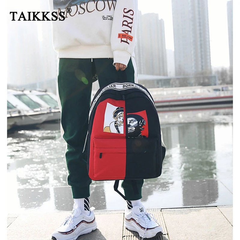 

Taikkss Men's Fashion Canvas Stitching Pattern Large Capacity School Student Backpack Handsome Multifunctional Leisure Backpack
