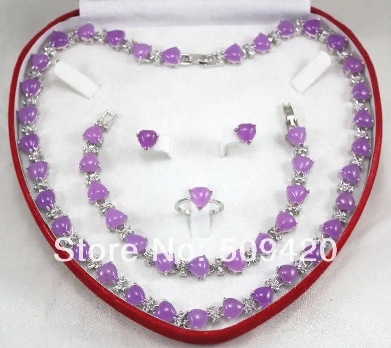 

SD22 Y547U Free Shipping Wholesale>>>heart shape natural Purple jade necklace bracelet Stud earring Ring Jewelry Sets