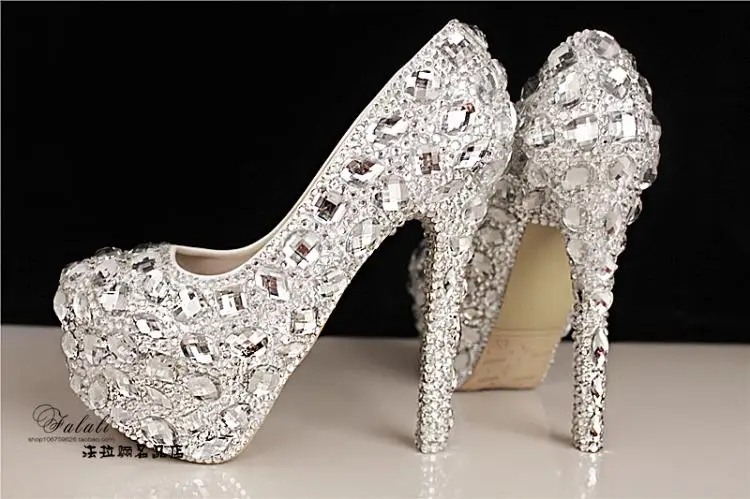 Новые женские туфли на каблуке большие размеры европейский стиль свадебные туфли женские туфли-лодочки роскошные серебристые свадебные туфли ручной работы с кристаллами 98