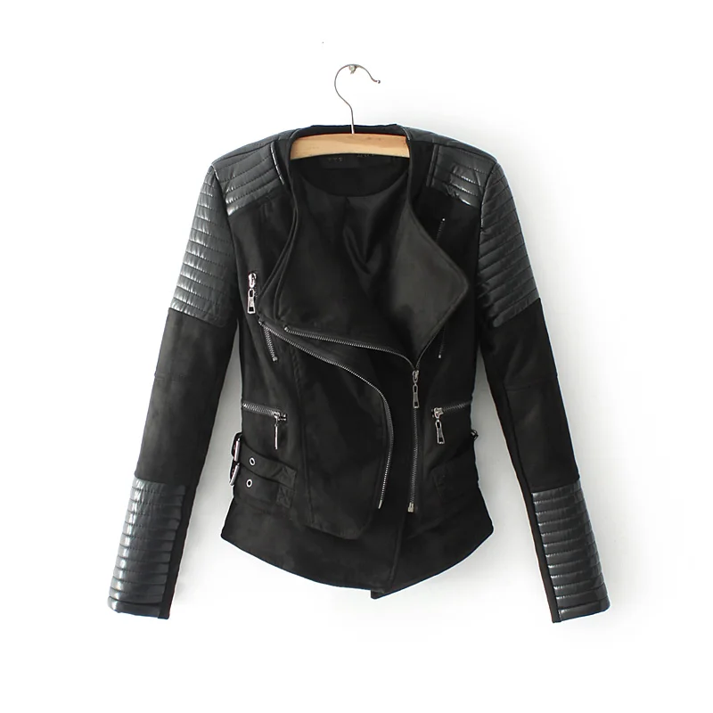 Женская Весенняя куртка из искусственной кожи на молнии, Женская замшевая мотоциклетная куртка в стиле панк, байкерские куртки, уличная байкерская куртка с длинным рукавом - Цвет: Черный