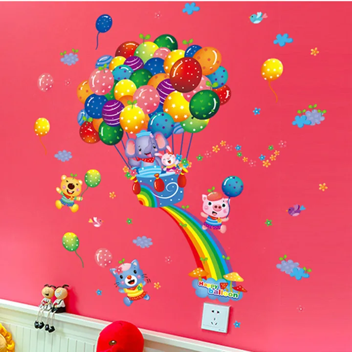 

Top Lovely Colorful Candy Balloon Rainbow Cartoon Animals Wall Sticker for Kids Room Decal Wallpaper Home Decor TV Background