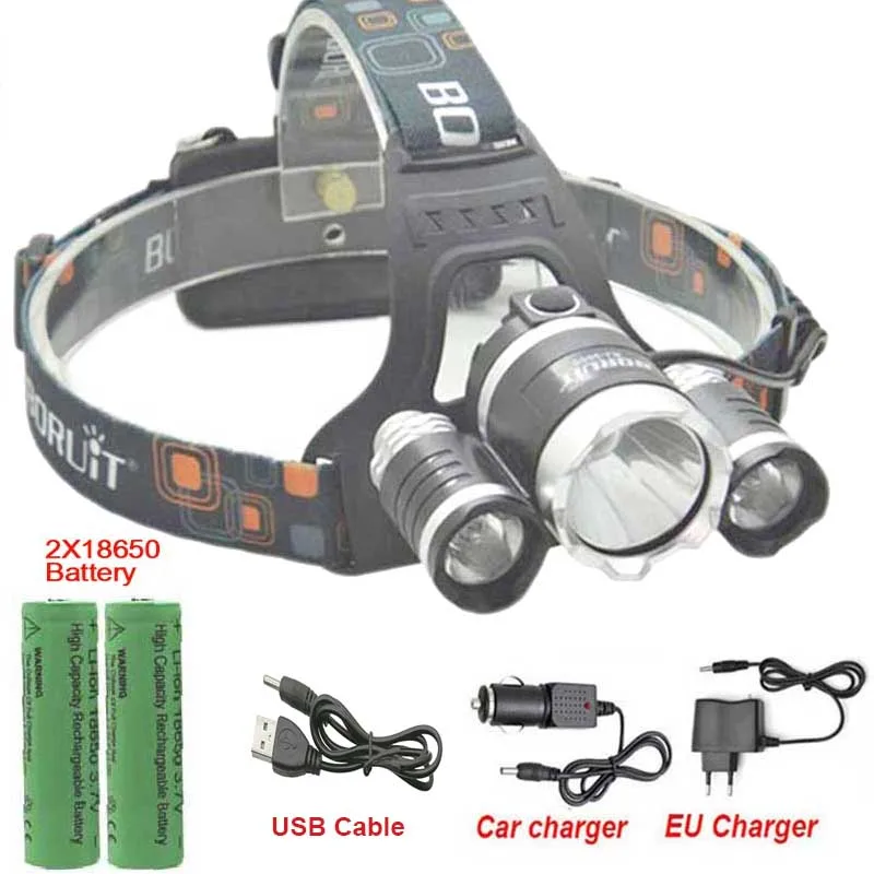 boruit Led Headlamp 18650 Headlight CREE XML U2 T6 Waterproof Rechargeable lights with 18650