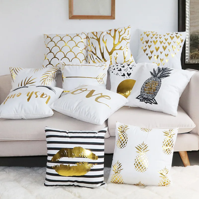 

Bronzing Soft Velvet Fabric Pillow Plant Pineapple Golden Print Decorative Cushion Cover For Sofa Square Pillowcase Home Decor