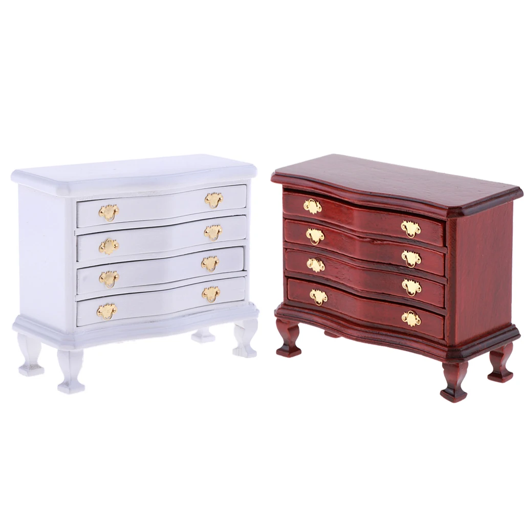 2 Set European Mini 4-Drawer Cabinet Dresser 1/12 Dollhouse Miniature Bedroom Living Room Furniture Decor