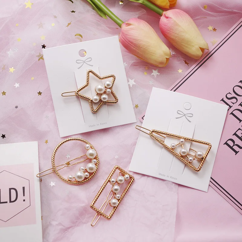 

Simple Sweet Korean Geometric Hollow Imitation Pearl Hairpins for Girl Women Hair Accessories Fashion Temperament Barrettes 5cm
