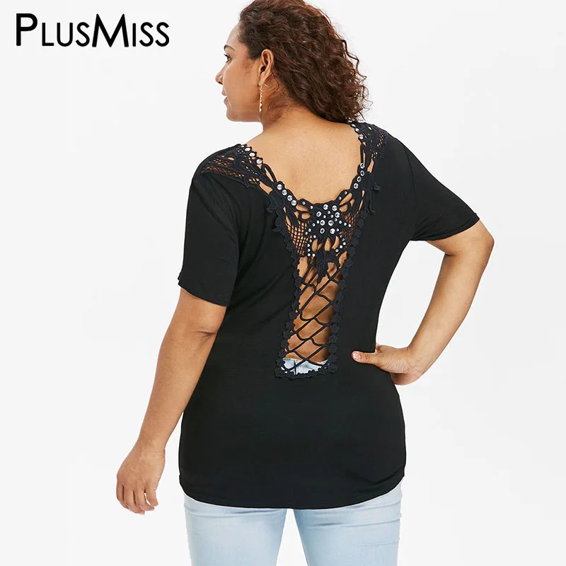 PlusMiss размера плюс 5XL XXXXL XXXL с открытой спиной на шнуровке пикантные футболки