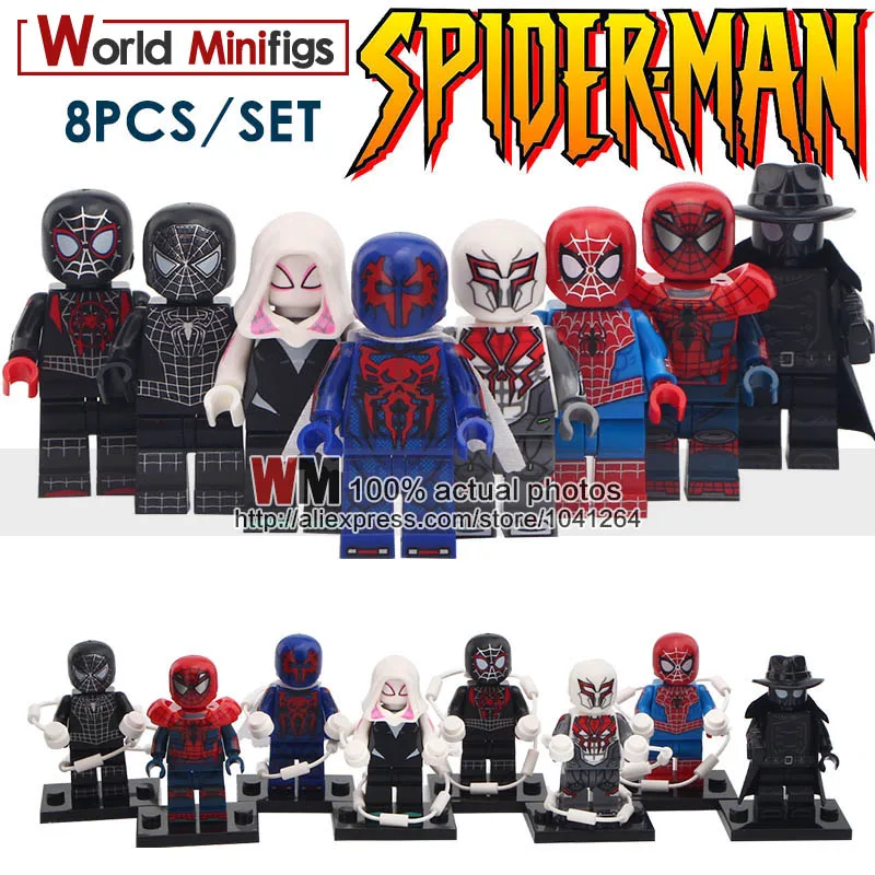 

8PCS/LOT Marvel Ultimate Spider-Man Into the Spider-Verse Web Of Shadows Gwen Stacy Venom Metal SpidermanBricks Blocks Gift Toys