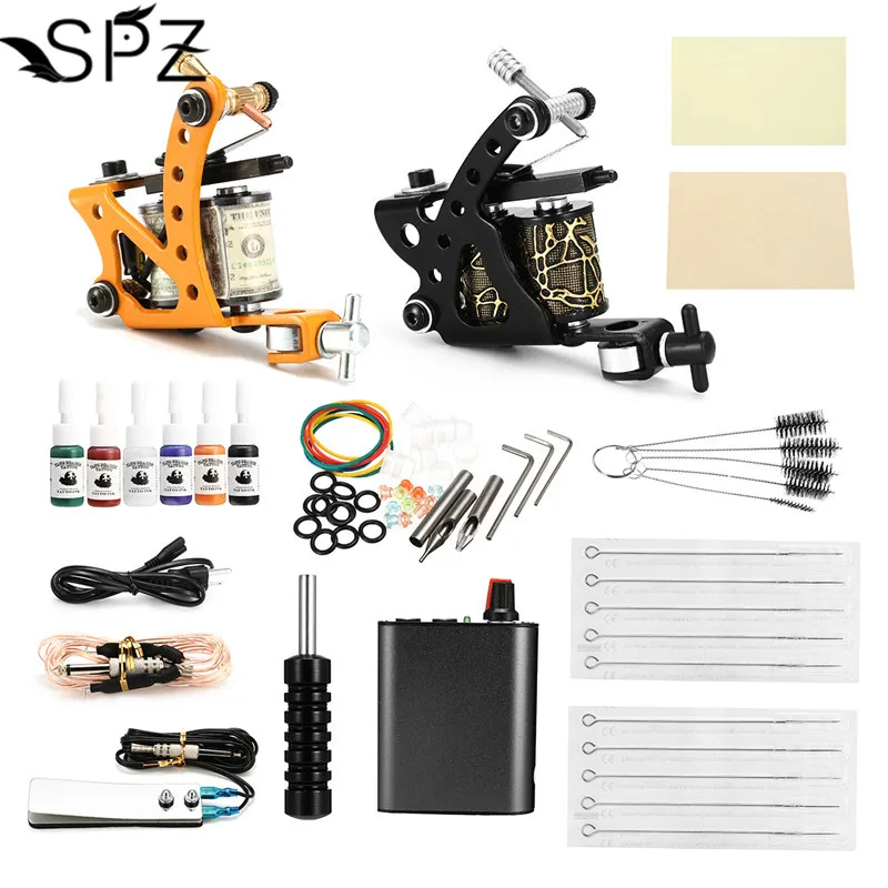 

Beginner Complete Tattoo Kits 2 Tattoo Coils/Guns Machine 6 Colors Ink Sets Power Supply Needle Pedal Tips Permanent Makeup Art