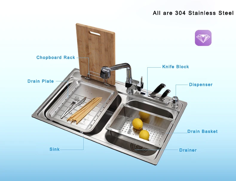 Кухонная раковина из нержавеющей стали Undermount с горячим и холодным басом выдвижной кран нож блок доска для еды двойной корыто сосуд набор