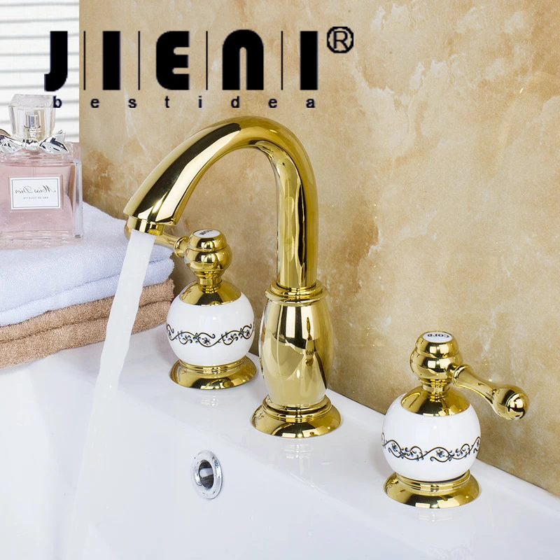 JIENI Luxury Golden Plated Bathroom Faucet set Deck Mounted 3PCS Set