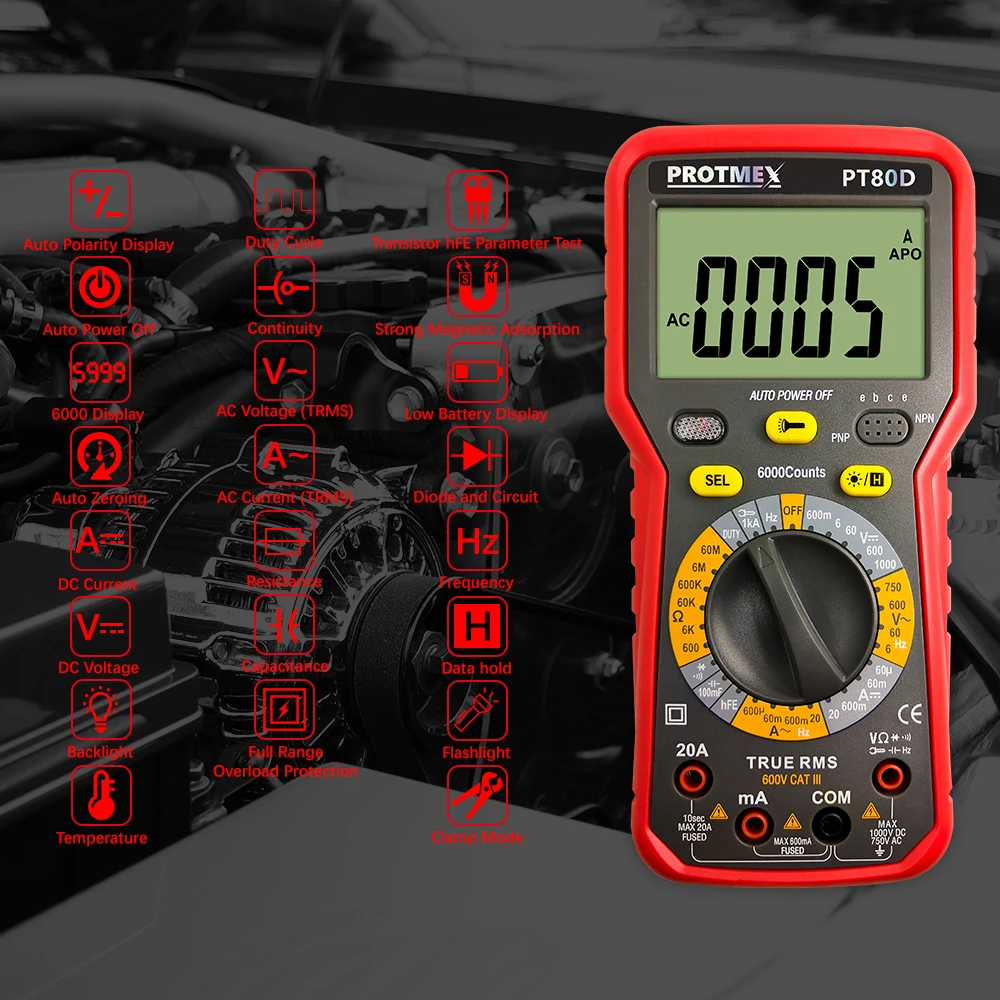 Protmex PT80C/80D 6000 отсчетов Цифровой мультиметр DC/AC напряжение, ток, сопротивление, Емкость Тестер