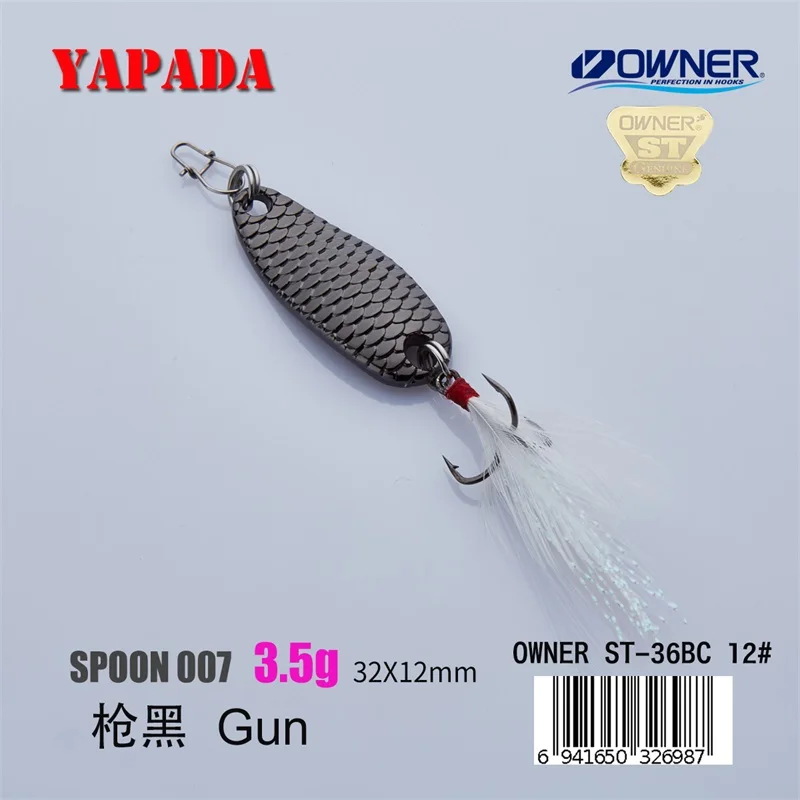 YAPADA ложкой 007 Лун весы 3,5 г 32X12 мм Руководство тройной крючок многоцветный цинковый сплав металлическая блесна, приманка, перо для рыбалки приманки для рыбалки - Цвет: Gun 3.5g Feather