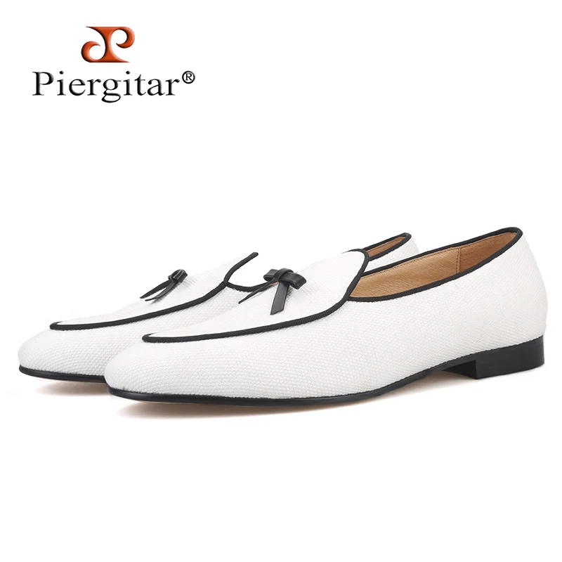 

Piergitar Brand 2022 Handmade Two Colors Cotton Canvas Men Loafers Fashion Party And Wedding Leather Bow Tie Shoes Plus Size