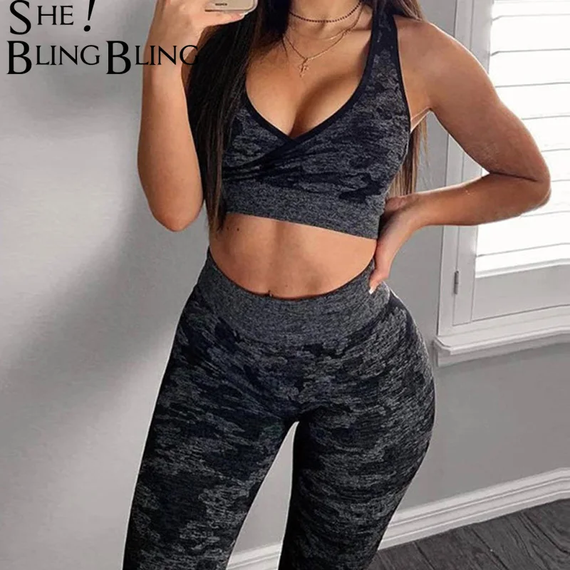 

SheBlingBling Black Fitness Workout Women Sets Sleeveless Cross Wrap Short Tops High Waist Leggings Sporting Two Piece Outfits