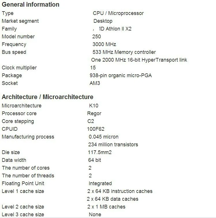 Процессор AMD Athlon II X2 250 3,0 ГГц AM3 938-pin 65 Вт Двухъядерный 2 м кэш 45 нм настольный процессор разбитые кусочки