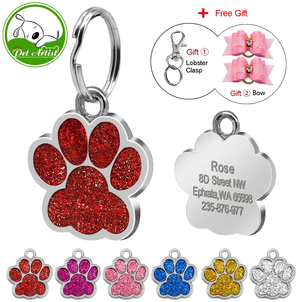 

Stainless Steel Glitter Paw Pet ID Tags Custom Personalized Tag For Small Dogs and Cats Free Engraved and Hair Bows Gift