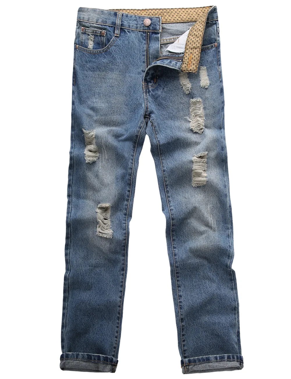 

Men Mid Waist Zip Fly 5 Pockets Regular Fit Ripped Jeans Fashion High Quality