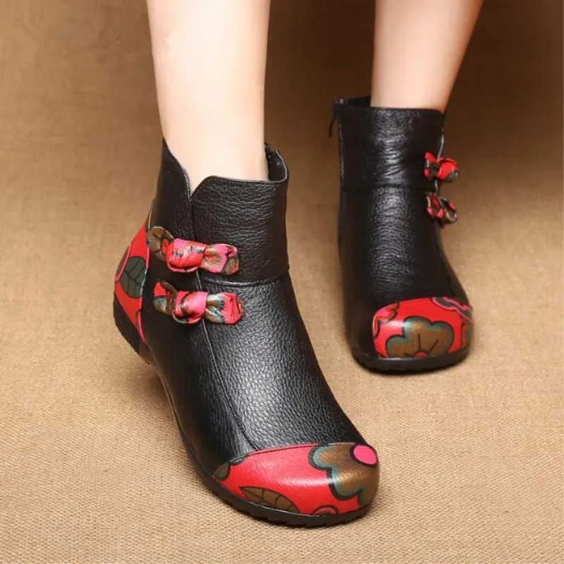

Women's Leather Printed Single Boots Retro Large Size 9.5 Spring and Autumn New National Wind Comfortable Soft Casual Shoes