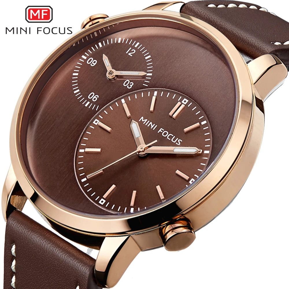 

MINI FOCUS Top Brand Luxury Men Quartz Watch Golden Case Brown Genuine Leather Strap 2 Time Zone Business Creative Watches
