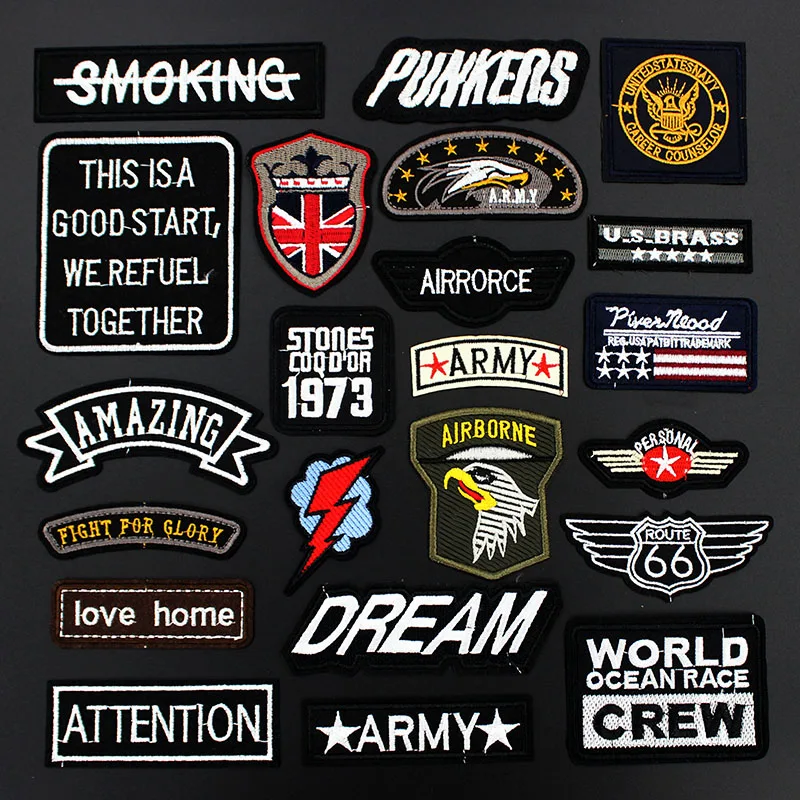 

Army Punk Letters Labels Black Patches for clothes iron on stickers clothes Patch badges DIY Jacket Jeans Embroidery