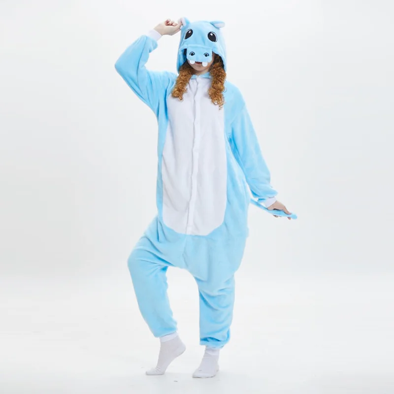 

2019 winter flannel animal pajamas cute hippo adult onesie sleepwear cartoon funny pijama stitch male / female pyjama new rnio