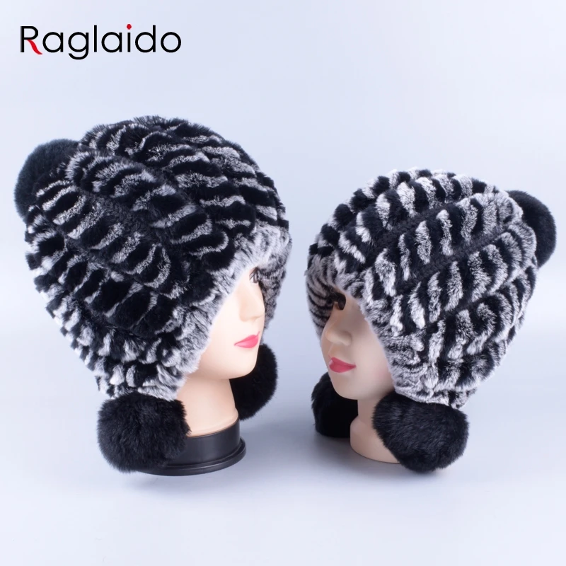

matching mother daughter hats real fur knitted Rabbit Hats 2pieces set Winter Genuine Natural Fur beanies ball caps LQ11261