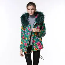Весна Красочные простые женские пальто с зеленым из натурального меха енота Толстовки